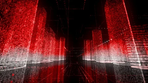Moving through the bright red and white colored model of abstract digital city Stock Footage 112982043