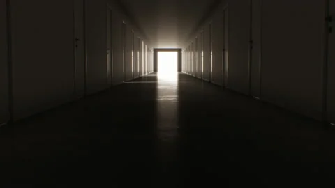 Moving Through the Dark Corridor with Many Opening and Closing Doors to the Stock Footage