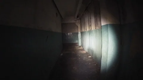 Moving through dark creepy corridor. First person view, going with flashlight in Stock Footage 90224680