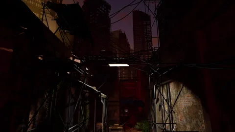 Moving through dark post-apocalyptic alley lit with ominous red light Vídeo Stock 297873308