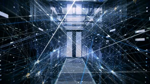 Moving Through Data Center With Digital Web of Information Represent Stock Footage