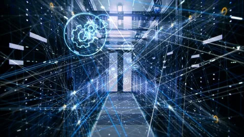  Moving Through Data Center With Digital Web of Information Represent Vídeo Stock 90449723