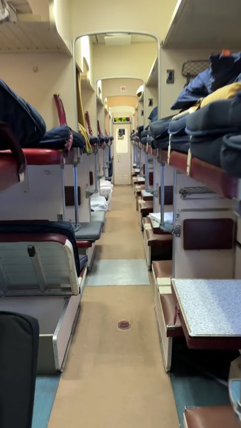 Moving through an empty sleeper train car, capturing the quiet atmosphere and Video stock 301860973