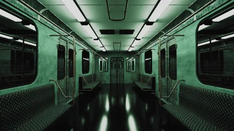 Moving through the flickering lit carriages of an empty, haunted, subway train. Stock Footage 287988562