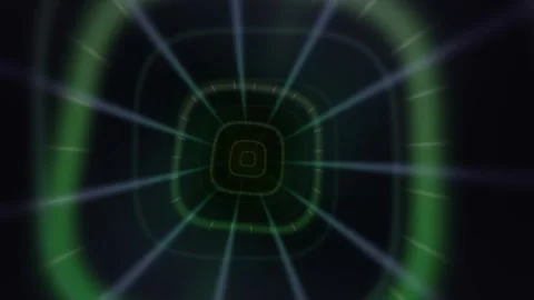 Moving through a green tunnel with light lines and geometric shapes Stock Footage 341931933
