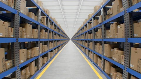 Moving Through the Huge Beautiful Warehouse with Cardboard Boxes on Metal Shelf Stock Footage