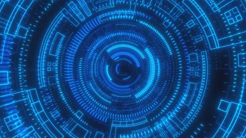 Moving through hyperspace with bright circles in blue color on black background. Stockbeeldmateriaal 124584149