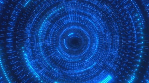 Moving through hyperspace with bright circles in blue color on black background. Video stock 126087986