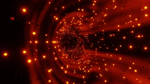 Moving through many different particles flashing red-orange. 3D render. looping  Stock Footage 254490898