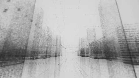 Moving through the monochromatic model of abstract digital city contained of Stock Footage 114763107