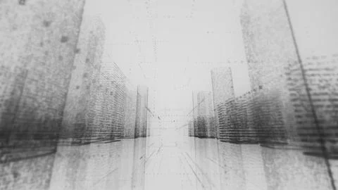Moving through the monochromatic model of abstract digital city contained of Stock Illustration