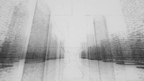 Moving through the monochromatic model of abstract digital city contained of Stock Illustration