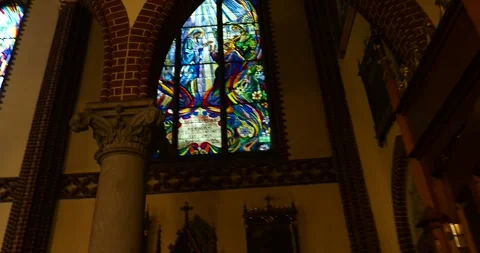 Moving Through Neo-Gothic Arches Inside St. John the Baptist Basilica Szczecin Video stock 337005453