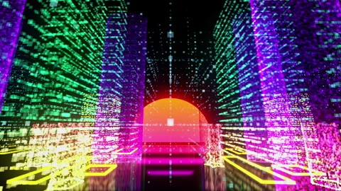 Moving Through neon Digital Developed City With symbols and Grids and big sunset 動画素材 280073776