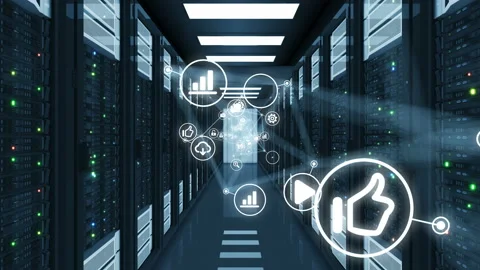 Moving Through Network Icons Connections in Modern Data Center Room Server Racks Stock-Footage 97183196