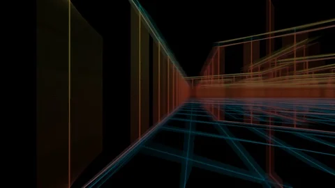 Moving Through an Orange and Teal Wire Frame Retro Grid Maze Stock Footage 101417181