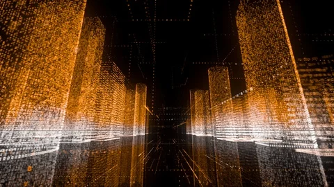 Moving through the orange and white colored model of abstract digital city Stock Footage 114763327