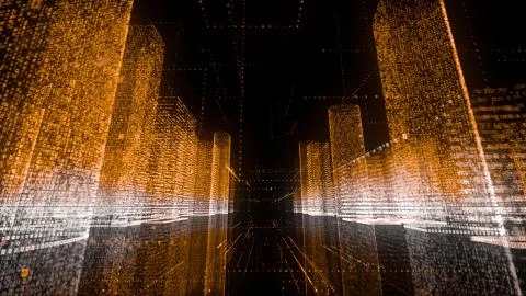 Moving through the orange and white colored model of abstract digital city Stock Illustration