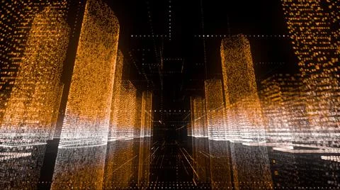 Moving through the orange and white colored model of abstract digital city Stock Illustration