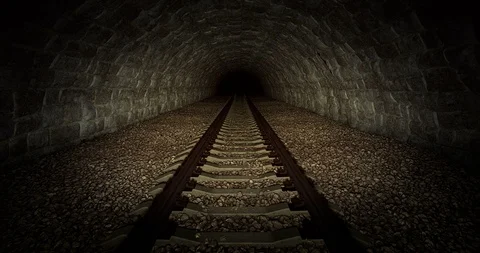 Moving through a railway tunnel into the dark, 3D looping animation Stock Footage 106770331