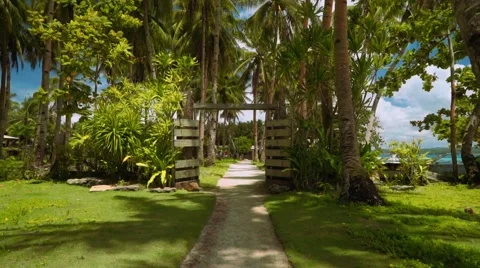 Moving through rustic gates to village with palm trees, Philippines Stock Footage 67600518