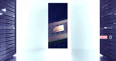 Moving through server aisle into advanced AI microchip circuit board. Stock Footage 332285114