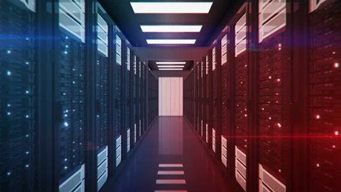 Moving Through Server Room with Blue and Red Server Racks Data Center. Cyber War Stock-Footage 95497272