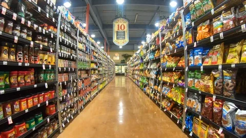 Moving through a supermarket aisle Stock Footage 112970319