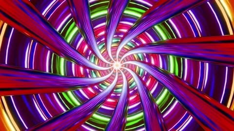 Moving through a vibrant neon tunnel with spinning colorful geometric spirals Video stock 340251658