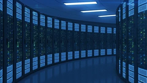 Moving Through the Working Servers in Modern Datacanter. Cloud Computing Data Stock Footage 83386600