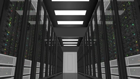 Moving Through the Working Servers in Modern Datacenter. Cloud Computing Data Stock Footage 83680532