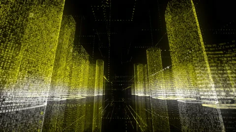 Moving through the yellow and white colored model of digital city contained of Stock Footage 142700524