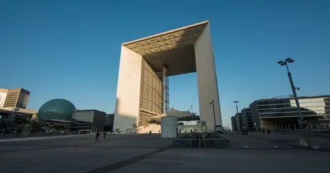 Moving timelapse / hyperlapse of Grand Arche of La Défense during sunrise Stock Footage 84681952