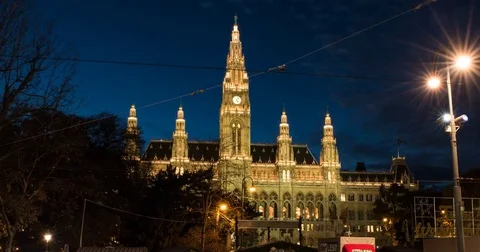 Moving timelapse / hyperlapse of Rathaus / City Hall at night Stock Footage 83714141
