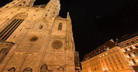 Moving timelapse of St Stephen's Cathedral / Stephansdom at night Stock Footage 83717239
