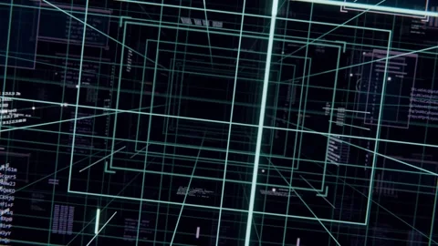 Moving timeline driving camera through grid tunnel pulling view forward to core Stock Footage 340268191