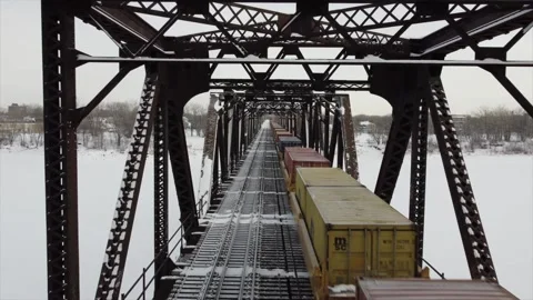 Moving train on bridge Stock Footage 169888506