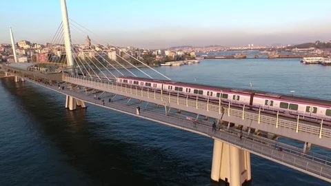 Moving train on the bridge on istanbul Stock Footage 79114592