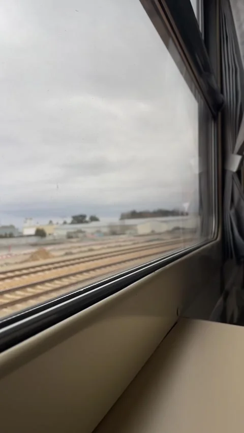 Moving train captures bleak landscape under cloudy sky atmosphere Видео 347335676