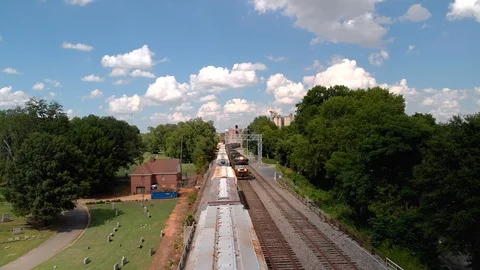 Moving train flyover Drone View Stock Footage 95131315