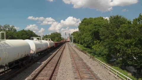 Moving train overhead close up 4k Drone establishing shot Stock Footage 92915633