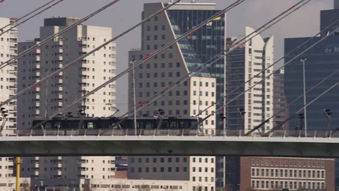 Moving train on the top of the bridge in Rotterdam city Stock-Footage 81539188