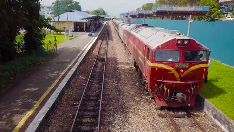 Moving Train from Train Station. Landscape Drone Shot with 4K Stock Footage 137278305