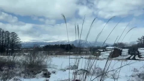 Moving Train Window Mountain View Winter Snow Covered Countryside Japan Stock Footage 346263967