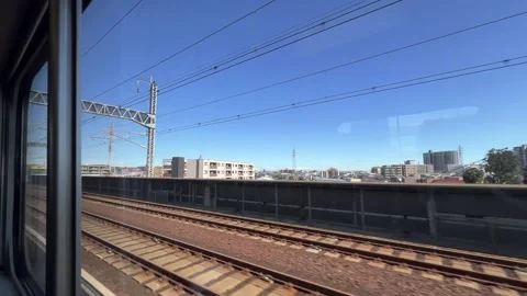 Moving Train Window View Rail Track Overhead Power Cables Stockbeeldmateriaal 345635526