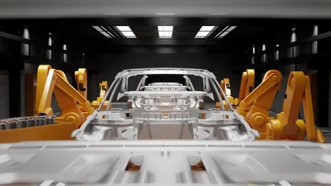 Moving transporter of conveyor belt with frameworks of unfinished cars Video stock 82414110