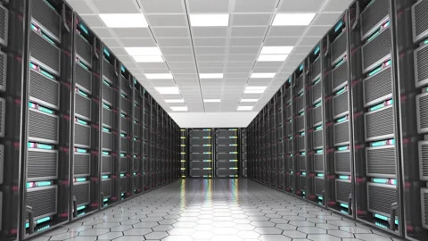 Moving trough the network server racks. 3D animation Stock Footage 294524039