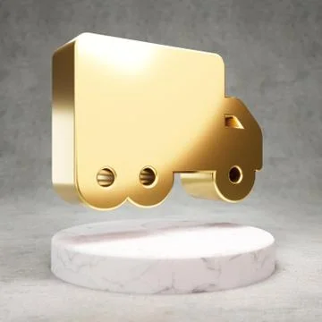 Moving Truck icon. Shiny golden Moving Truck symbol on white marble podium. Stock Illustration