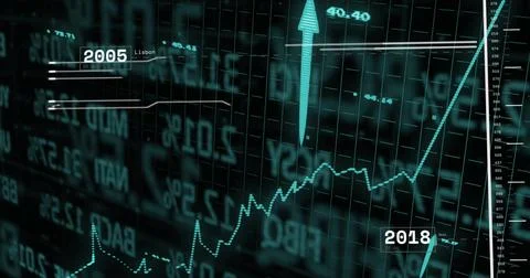 Moving turquoise dotted line graph trending upward on dark grid, with arrow Stock Illustration