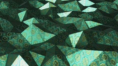 Moving turquoise polygonal surface with Chinese golden ornament rendered in UHD 스톡 동영상 265978700
